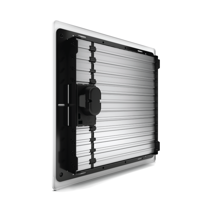 Flair Smart Vent 12x12 back skewed image showing closed vent louvers and battery compartment.