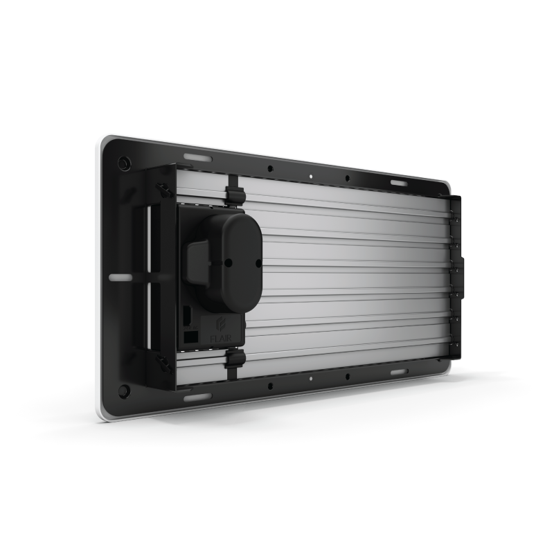Flair Smart Vent 6x12 back skewed image showing closed vent louvers and battery compartment.