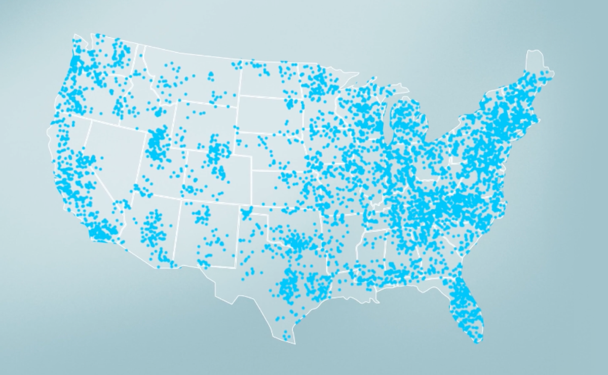 A map of the United States covered in dots marking Flair homes.