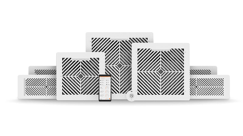 Flair Smart Vent system showing multiple vent sizes with Flair Puck thermostat and smartphone app for smart climate control.