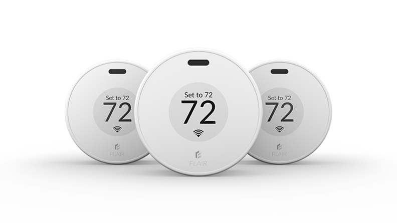 Flair Puck smart wireless thermostats and sensors shown set to 72 degrees, used for home climate control.