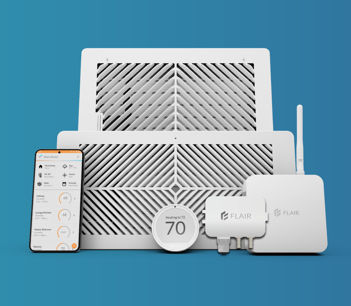 Flair Pro products: Smart Vents, a Puck thermostat, the Bridge Pro and the Flair app on a phone.
