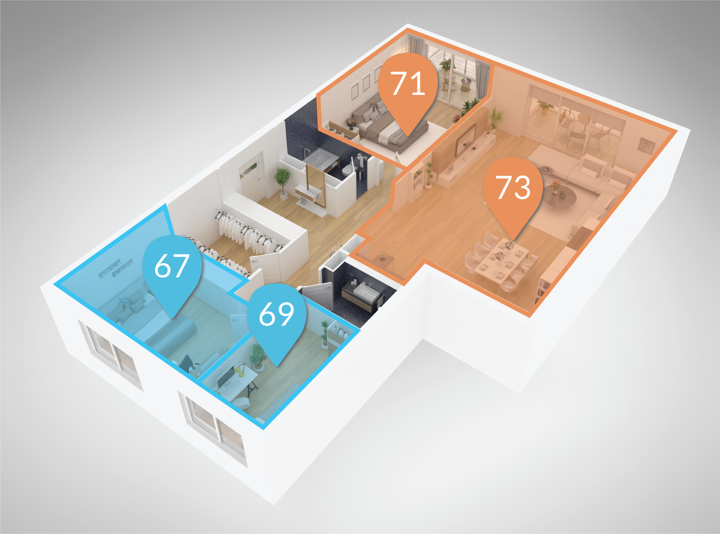 Flair zoned climate control diagram with four rooms, cooler zones at 67° and 69°, warmer zones at 71° and 73°.