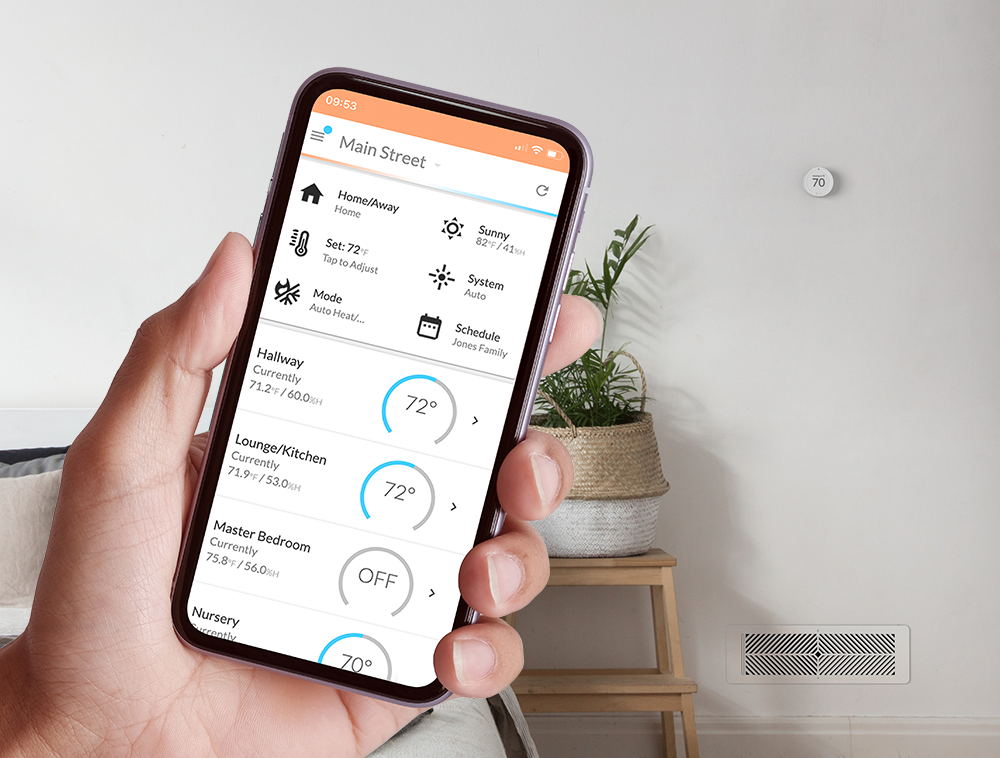 Flair App iPhone Home Screen in bedroom with Flair Puck and Flair Smart Vent